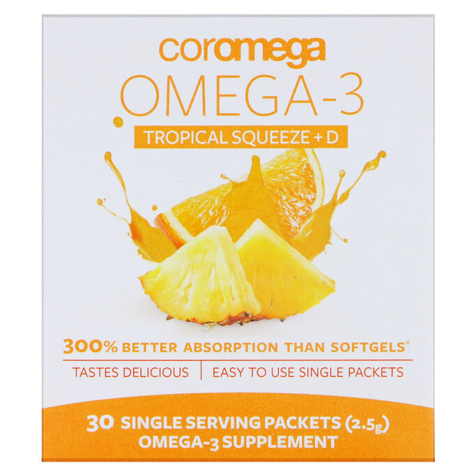 Coromega, Omega-3 + Vit D, тропический апельсин, 30 одноразовых пакетиков, 2,5 г каждый