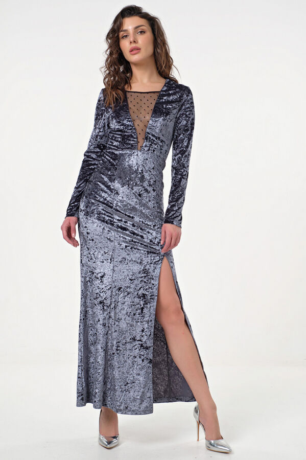 FLY Платье вечернее бархатное длинное с сетчатой вставкой дымчато-синее