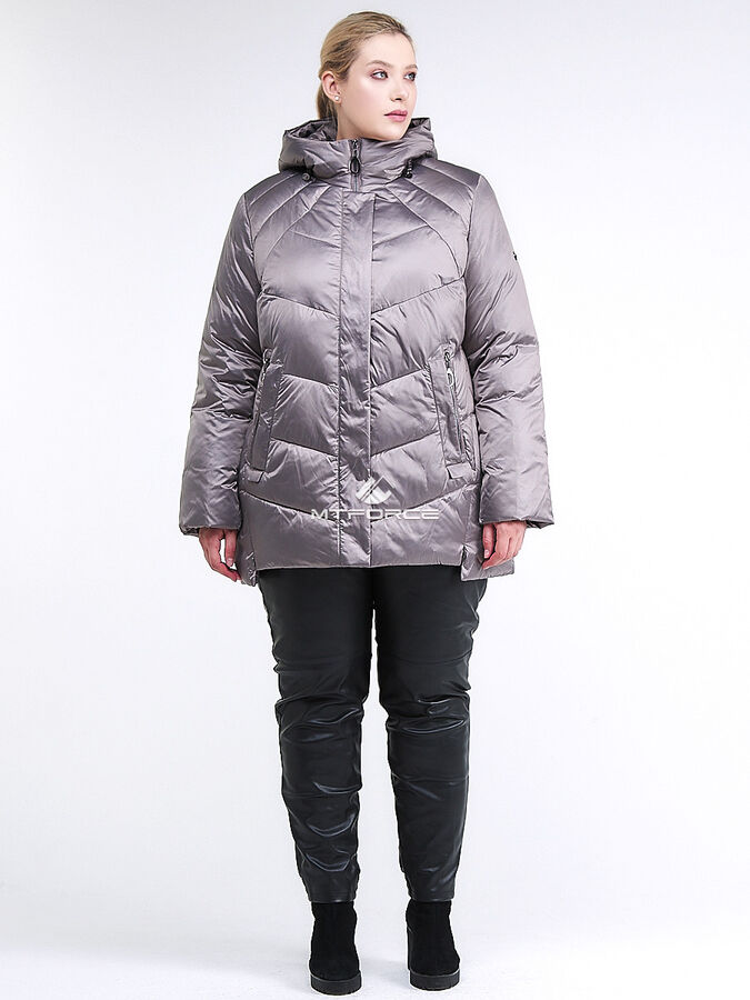 Женская зимняя классика куртка большого размера коричневого цвета 85-923_48K