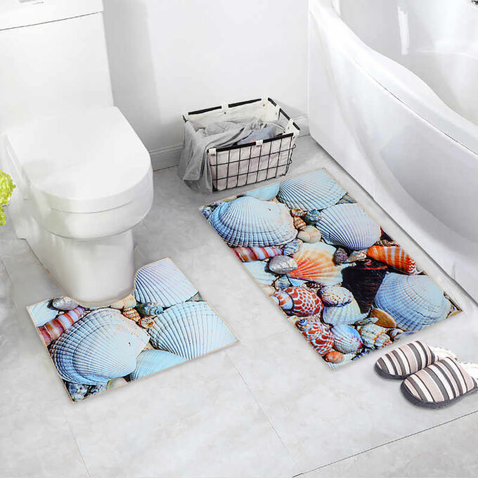 Набор ковриков для ванны и туалета Доляна «Ракушки», 2 шт: 40х45, 45х75 см