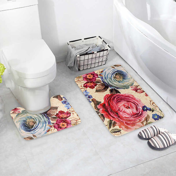 Набор ковриков для ванны и туалета  «Пионы», 2 шт: 39?49, 50?80 см, цвет серый