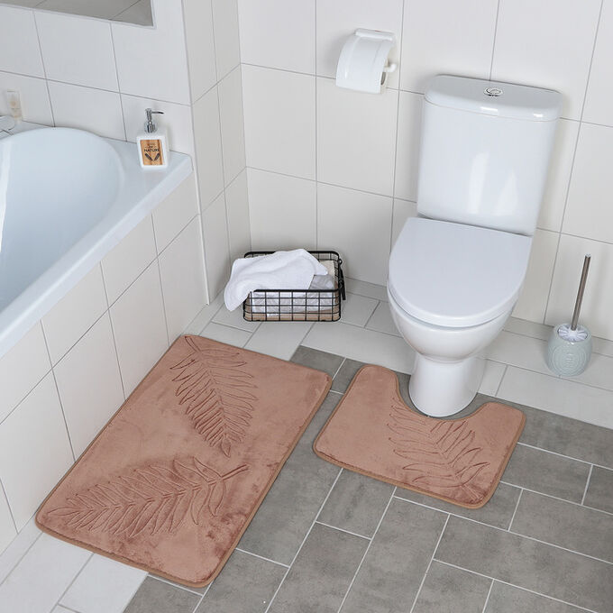 Набор ковриков для ванны и туалета Доляна «Тропики», 2 шт: 40x50, 50x80 см, цвет светло-коричневый