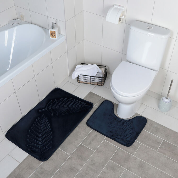Набор ковриков для ванны и туалета  «Тропики», 2 шт: 40?50, 50?80 см, цвет синий