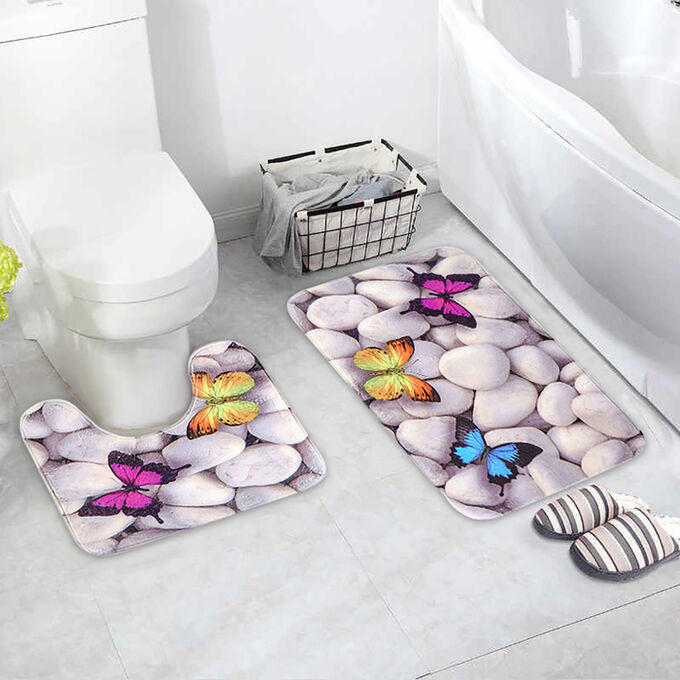 Набор ковриков для ванны и туалета Доляна «Камни», 2 шт: 40x50, 50x80 см, цвет белый