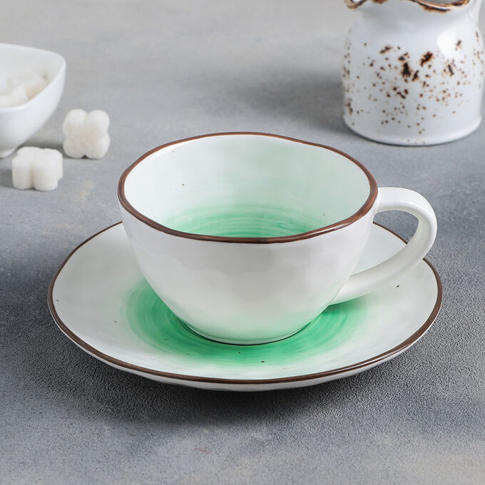Доляна Чайная пара «Ио», чашка 250 мл, блюдце d=16 см, цвет зелёный