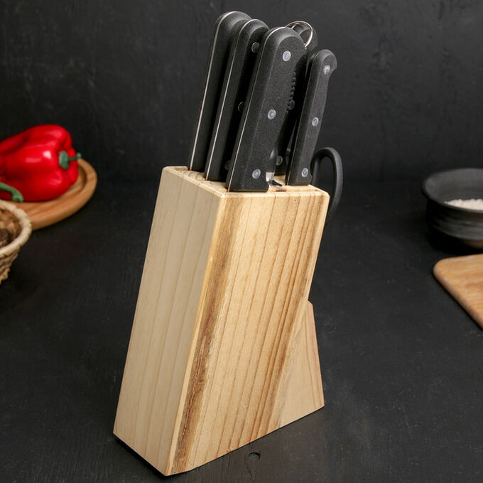 СИМА-ЛЕНД Набор кухонный на подставке, 7 предметов: ножи 20 см, 26 см, 28 см, 28 см, 28 см, ножницы 21,5, мусат 28 см, цвет чёрный