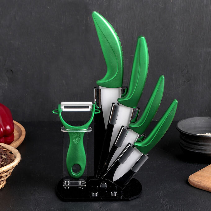 СИМА-ЛЕНД Набор кухонный «Сочная зелень», 5 предметов: 4 ножа 7,5 см, 10 см, 13 см, 15 см, овощечистка, на подставке, цвет зелёный