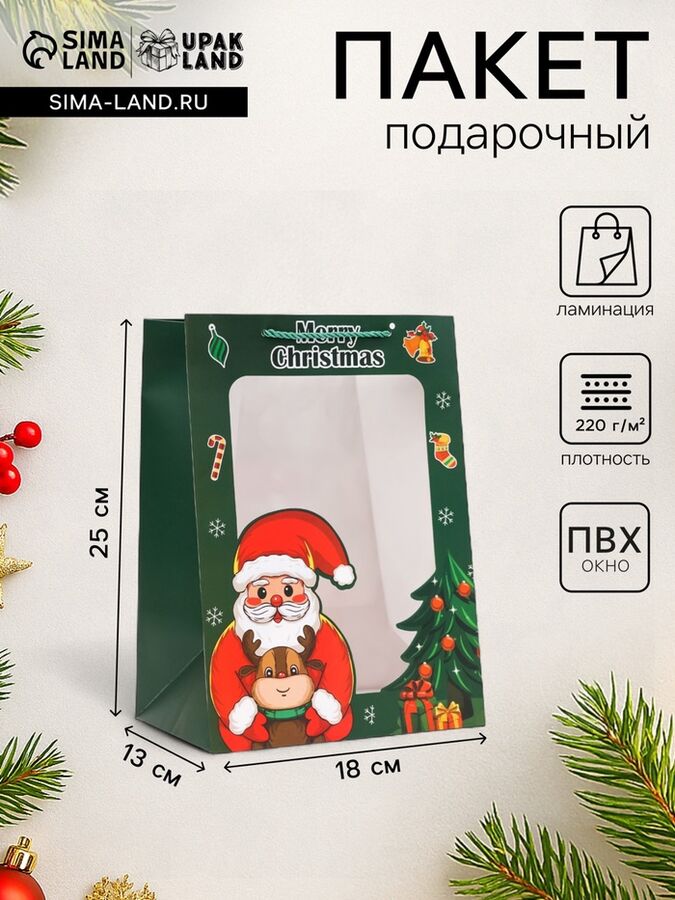 UPAK LAND Пакет подарочный новогодний ламинированный, с окном«Дед мороз», 18x25x13 см