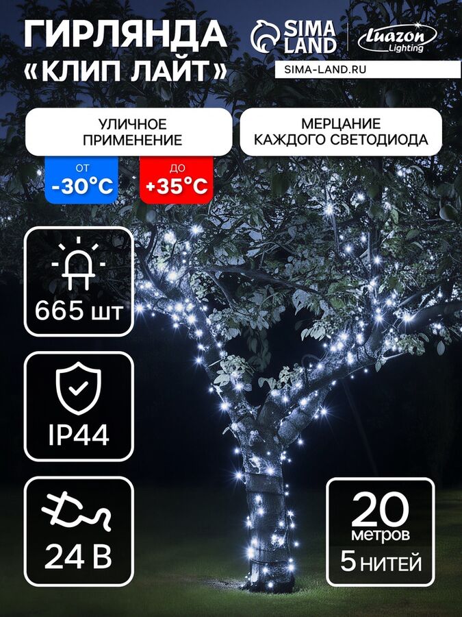 Luazon Lighting Гирлянда «Клип-лайт» 5 нитей по 20 м, IP44, УМС, тёмная нить, 665 LED, свечение белое, мерцание всех светодиодов, 24 В