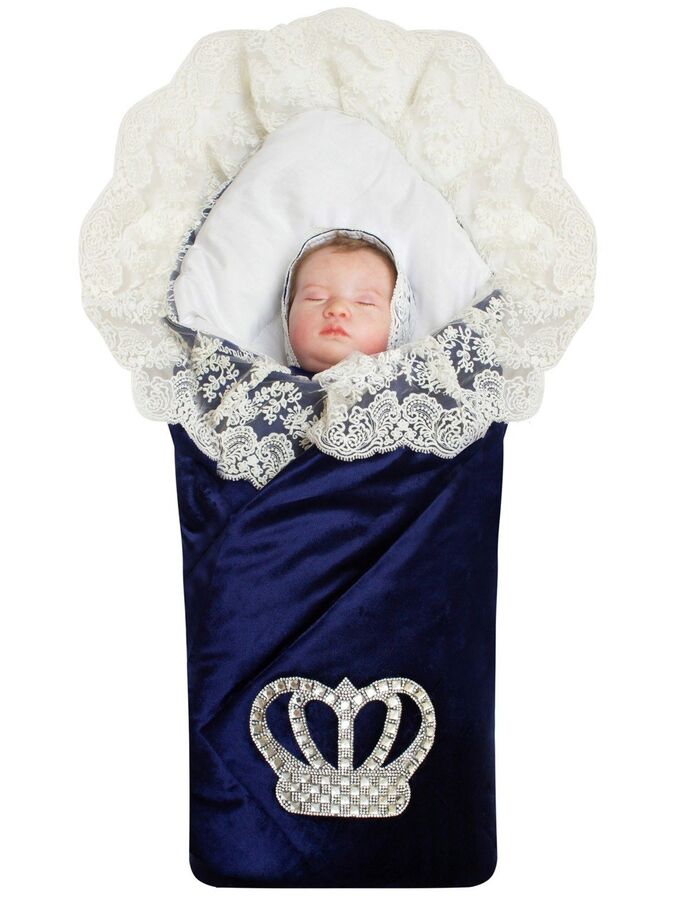 Зимний Конверт-одеяло на выписку &quot;Императорский&quot; (темно-синий с молочным кружевом и большой короной на липучке)