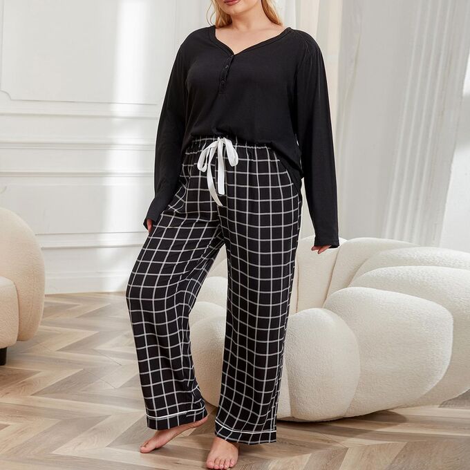 Пижама женская PLUS SIZE (лонгслив+штаны) с принтом