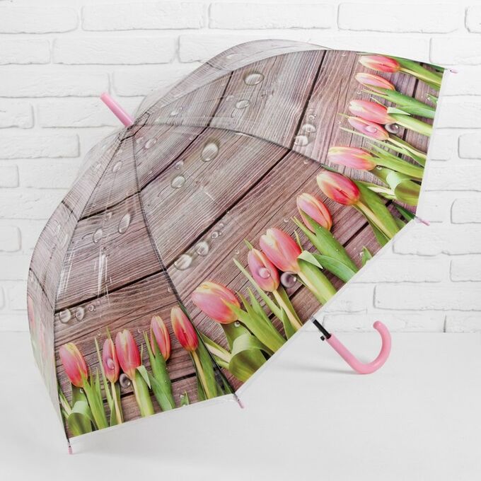 Зонт - трость полуавтоматический «Тюльпаны», 8 спиц, R = 48 см, цвет коричневый