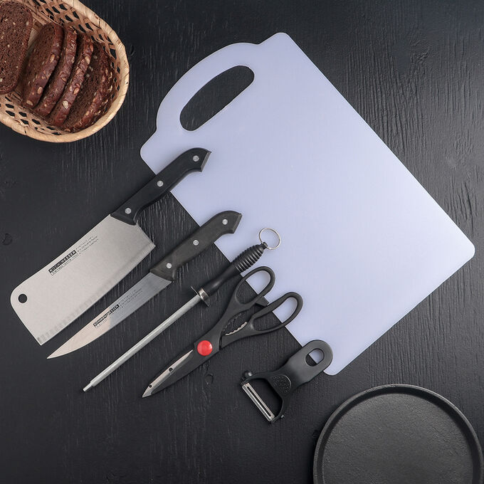 СИМА-ЛЕНД Набор кухонный, 6 предметов: 2 ножа 15,5 см, 18 см, овощечистка, ножницы, разделочная доска, ножеточка