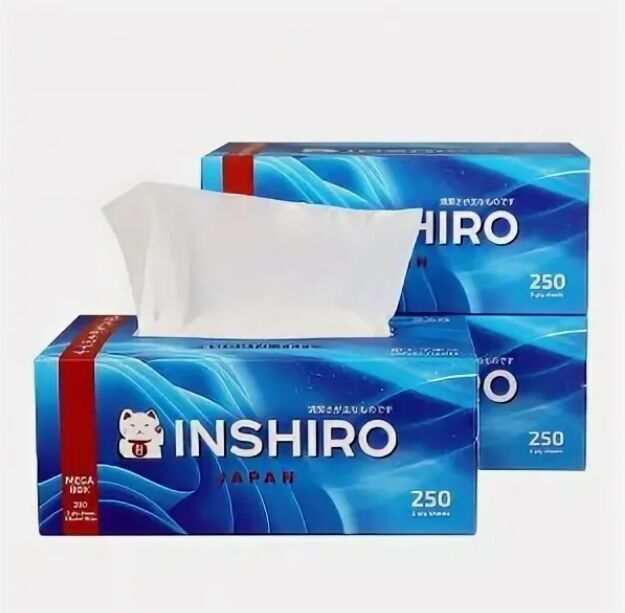 Салфетки в коробке INSHIRO MegaBox 2-х. сл. белые, кор. синяя, 250 шт.