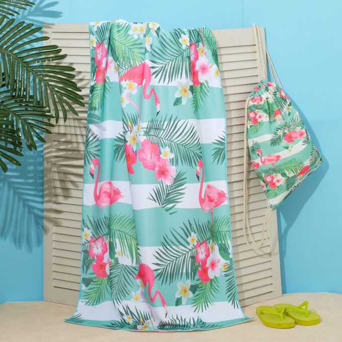 Полотенце пляжное в сумке Этель &quot;Фламинго&quot;, 70*140 см, микрофибра, 100% п/э
