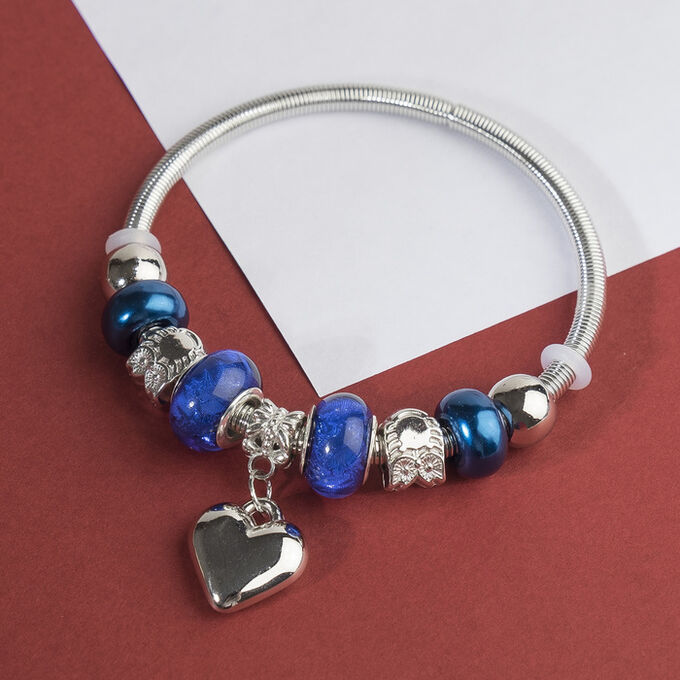 Браслет ассорти &quot;Марджери&quot; сердце, цвет сине-морской в серебре, d=6,5 см
