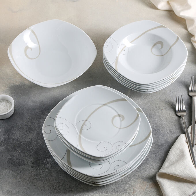 Сервиз столовый Caress Modern, 19 предметов: тарелка десертная 6 шт, тарелка обеденная 6 шт, тарелка глубокая для супа 6 шт, салатник 1 шт