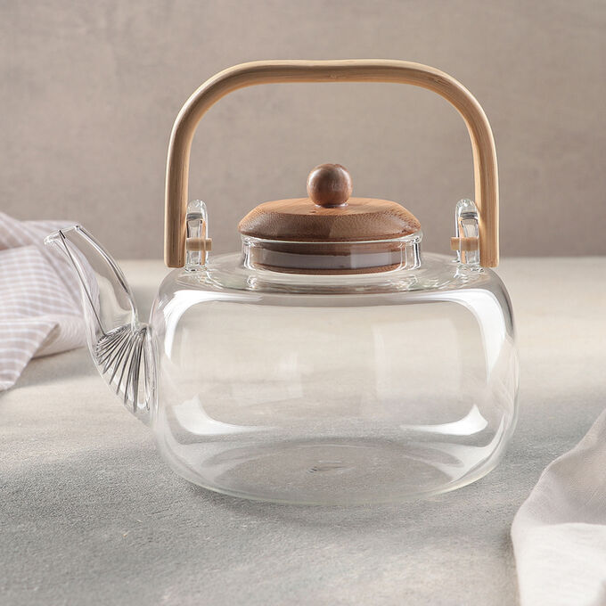 СИМА-ЛЕНД Чайник стеклянный заварочный с бамбуковой крышкой и металлическим фильтром «Эко. Бабл», 1,2 л, 20x15x19 см
