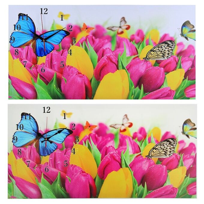 Часы настенные, на холсте, серия: Цветы, &quot;Бабочки и тюльпаны&quot;, 40х76  см, в ассортименте