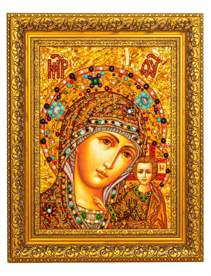 Икона Божией Матери из натурального янтаря и полудрагоценных камней «Казанская», 906911068