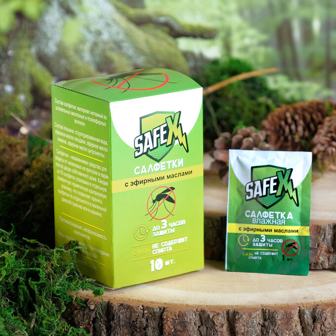 SAFEX Влажная салфетка от комаров на натуральных эфирных маслах, 10 шт