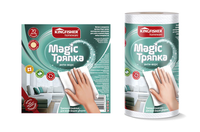 KINGFISHER®️MAGIC ТРЯПКА анти-ворс, 70% вискоза + 30% полиэстер, 20*30см, 70 листов