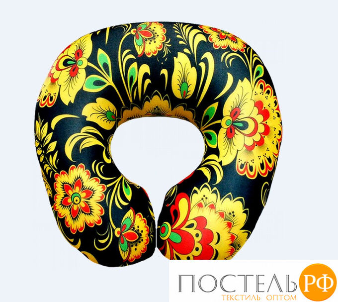 Подушка под шею «Русские узоры» (Апш04узо02, 34х34, Цветы, Черный, Кристалл, Микрогранулы полистирола)