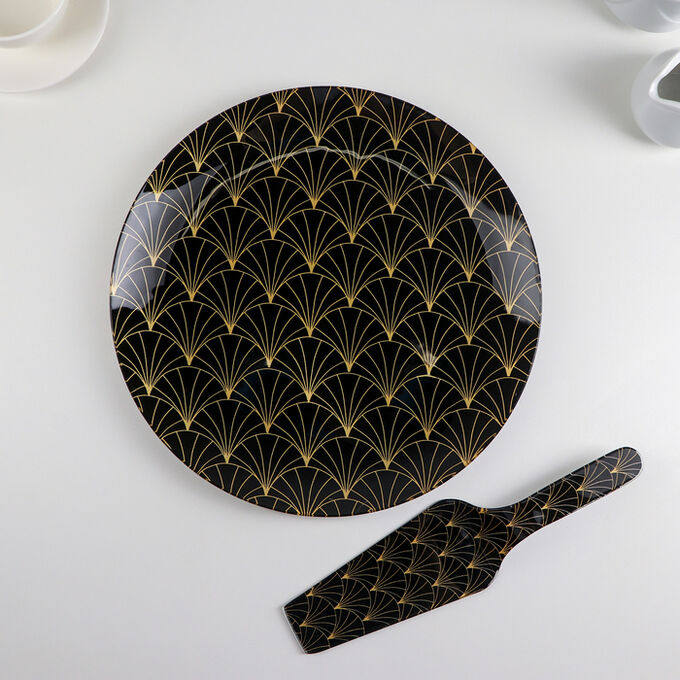Тортовница с лопаткой Доляна «Золотое перо», d=30 см, лопатка 26,5x7 см, цвет чёрный