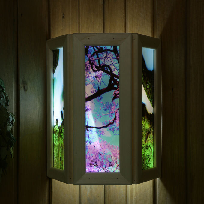 Добропаровъ Абажур деревянный &quot;Рисунок 1&quot; со вставками из стекла с УФ печатью, малый, 33х29х12см