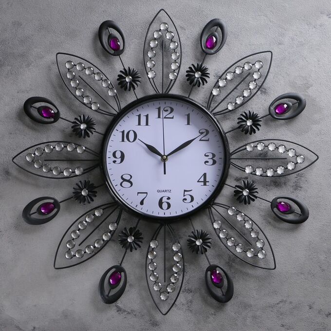 Часы настенные, серия: Интерьер, &quot;Большие лепестки&quot;, фиолетовые кристаллы, d=61 см микс