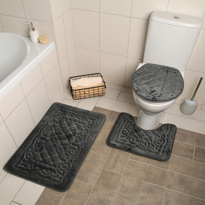Набор ковриков для ванны и туалета  «Узор», 3 шт: 38?43, 40?50, 50?80 см, цвет серый