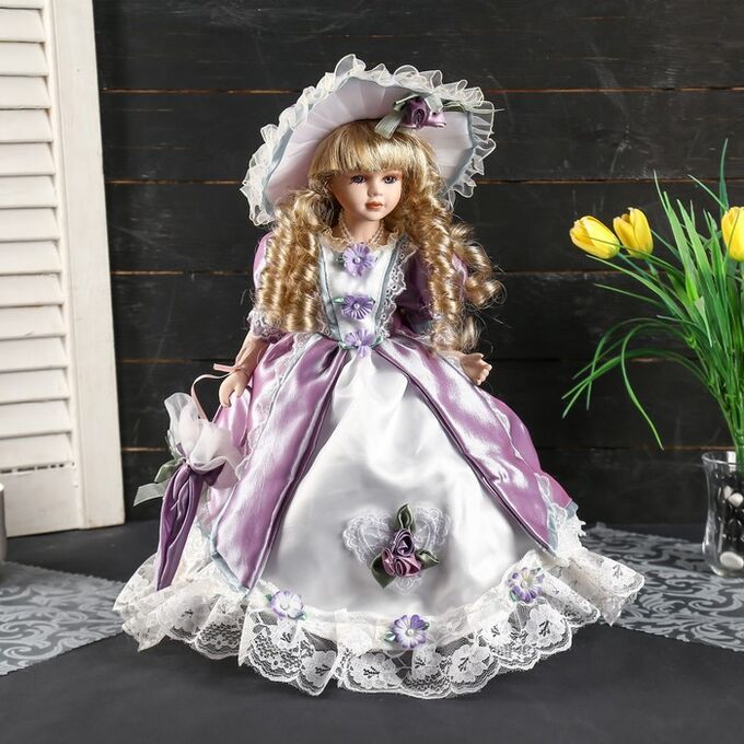 Кукла коллекционная керамика &quot;Ангелина в сиренево-розовом платье. шляпе, с зонтом&quot; 35 см