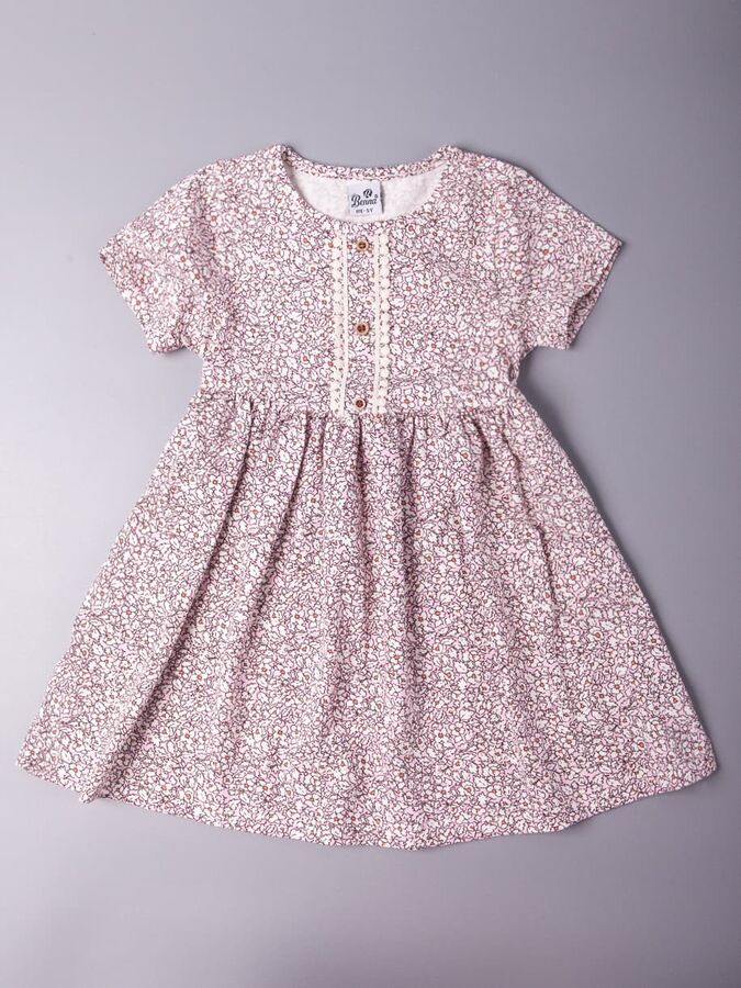 Платье трикотажное с коротким рукавом и с пуговицами для девочки, белые цветочки, светло-розовый