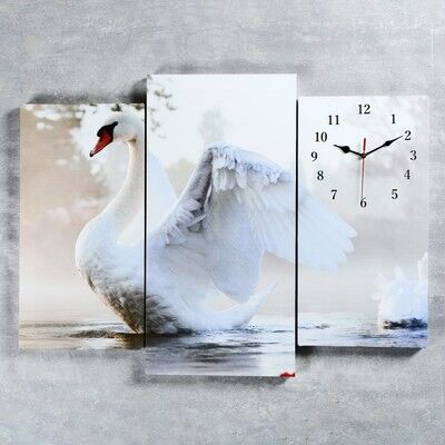 Часы настенные, серия: Животный мир, модульные &quot;Белый лебедь на пруду&quot;, 60х80 см, микс