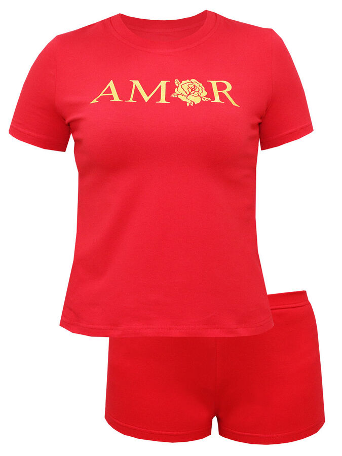 Домашний комплект (футболка, шорты) красный &quot;Бутон розы&quot; женский (30121)