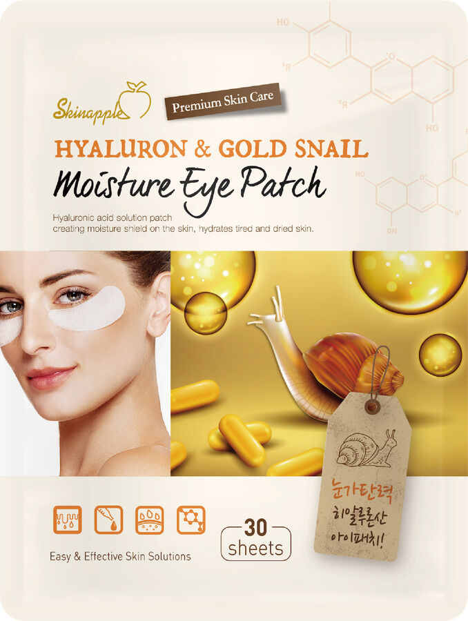 SkinApple Тканевые патчи с гиалуриновой кислотой и муцином золотой улитки для кожи вокруг глаз Hyaluron &amp; Gold Snail Moisture Eye Patch, 30шт