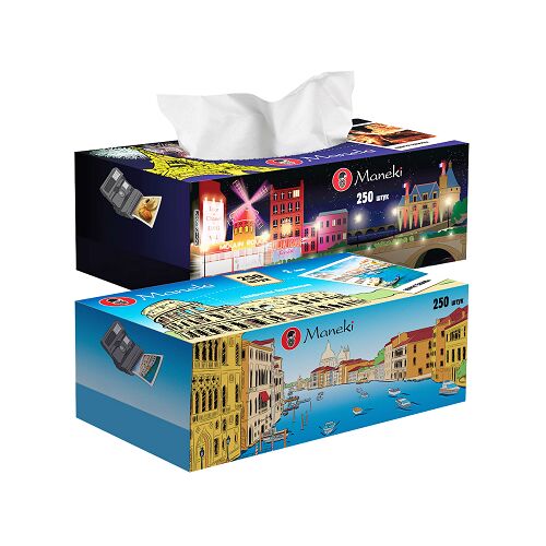 Салфетки бумажные &quot;Maneki&quot; Dream с ароматом Европы, 2 слоя, белые, 250 шт./коробка (1/54)