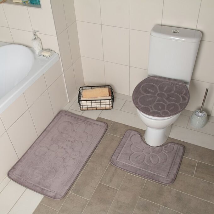 Набор ковриков для ванны и туалета Доляна, 3 шт: 36x43, 40x50, 50x80 см, цвет серый