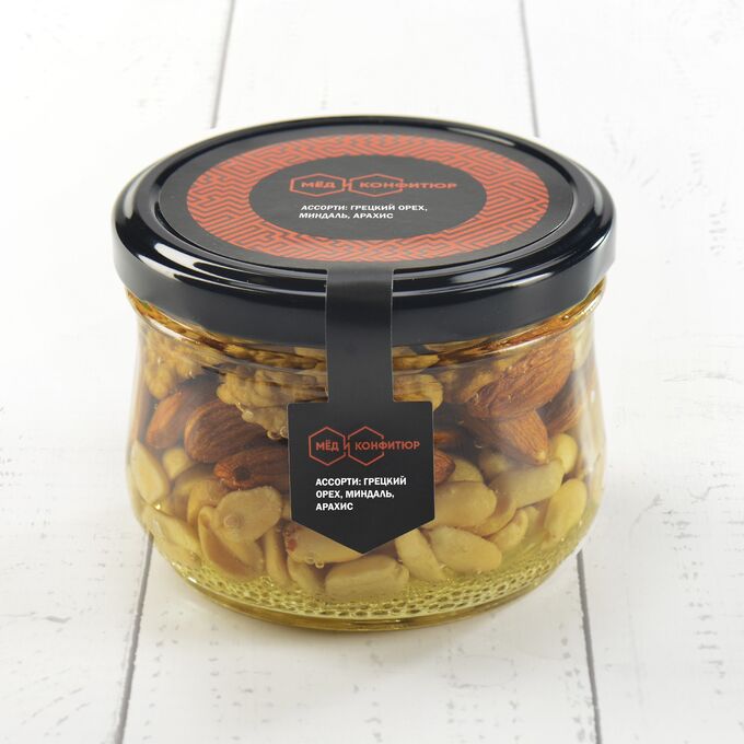 Ассорти: грецкий орех, миндаль, арахис в меду 255 гр.