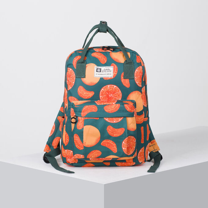 Рюкзак молодёжный, отдел на молнии, 4 наружных кармана, цвет зелёный/оранжевый