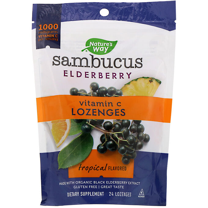 Nature&amp;#x27 - s Way, Sambucus Elderberry, Vitamin C Lozenges, Tropical Flavored, 24 Lozenges