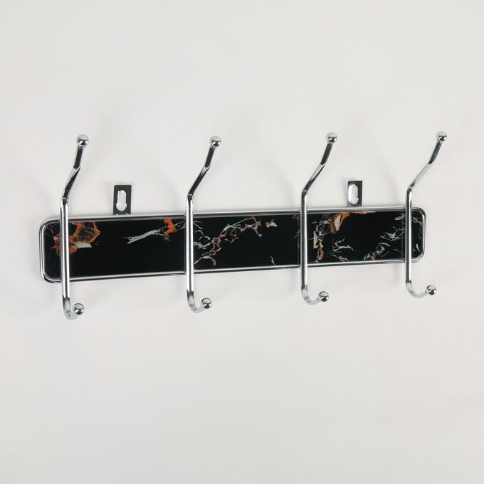 Вешалка настенная на 4 двойных крючка Доляна «Мрамор чёрный», 33,5x13x6 см, цвет хром