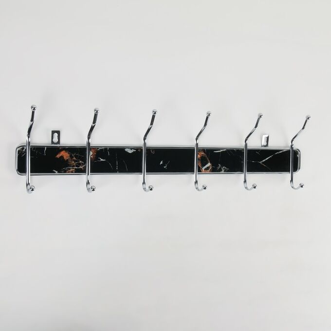 Вешалка настенная Доляна «Чёрный мрамор», на 6 двойных крючков, 50x15,5x6 см, цвет хром