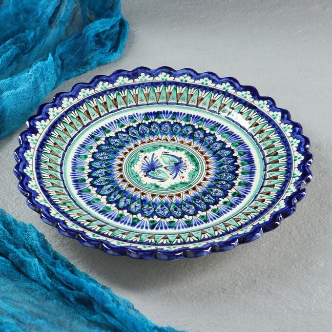 Тарелка Риштанская Керамика &quot;Цветы&quot;, синяя, рельефная, 25 см