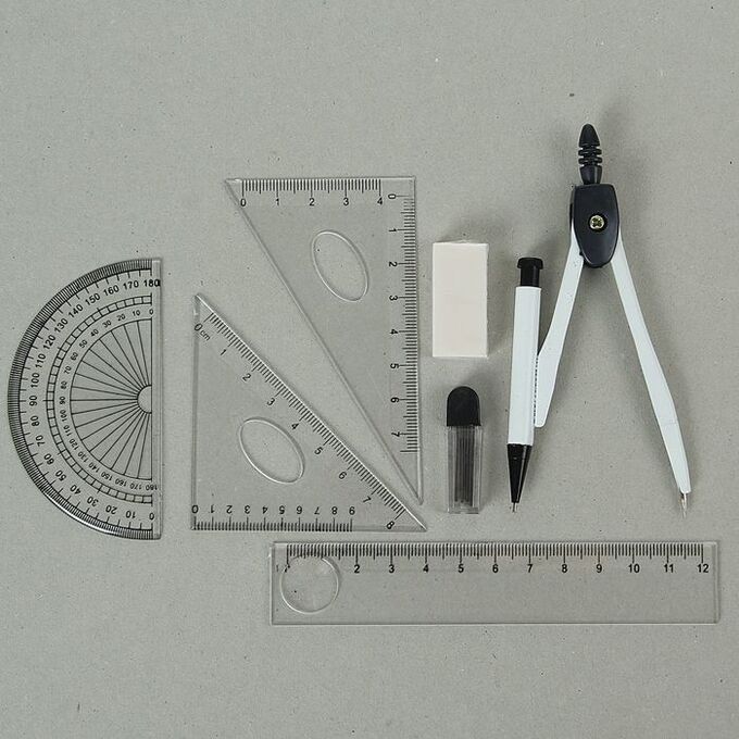 Циркуль металлический в пластиковом пенале 120 мм, с механическим карандашом, грифелями, ластиком, линейкой, 2 треугольниками и транспортиром