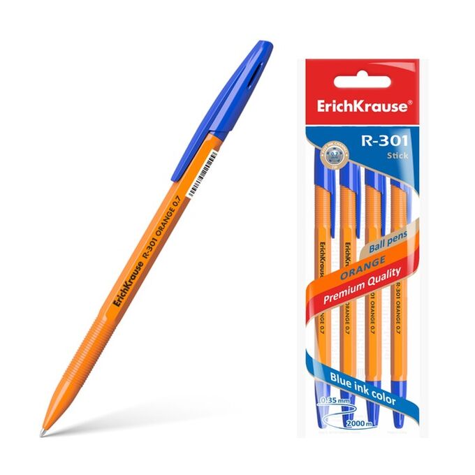 ERICH KRAUSE Набор ручек шариковых 4 штуки ErichKrause R-301 orange, узел 0.7 мм, чернила синие, длина линии письма 2000 метров, европодвес