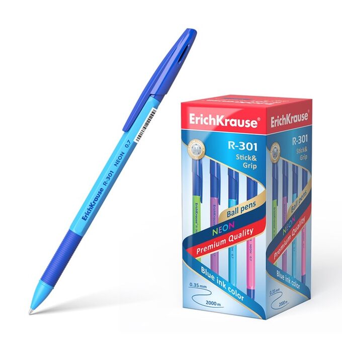 ERICH KRAUSE Ручка шариковая ErichKrause R-301 Neon Stick &amp; Grip, узел 0.7 мм, чернила синие, резиновый упор, длина линии письма 2000 метров, микс