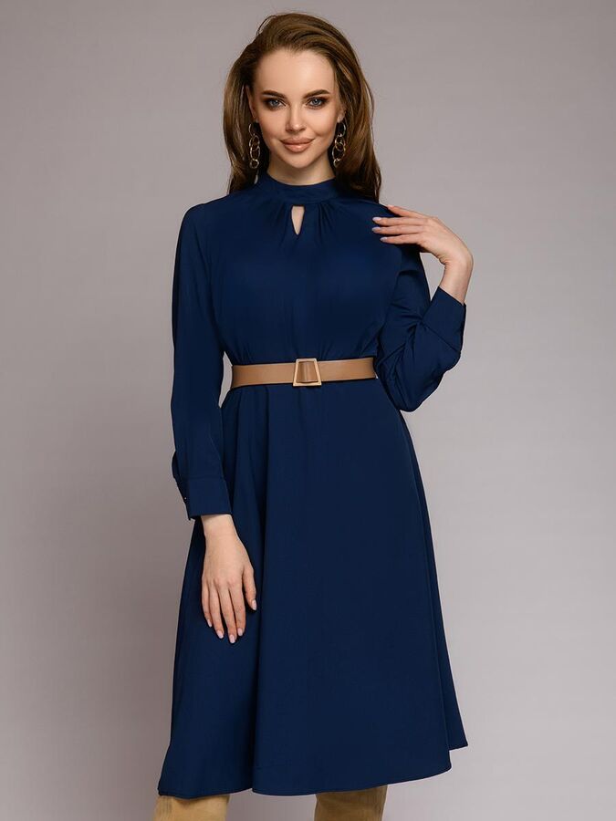 1001 Dress Платье синее длины миди с поясом и оригинальным воротом