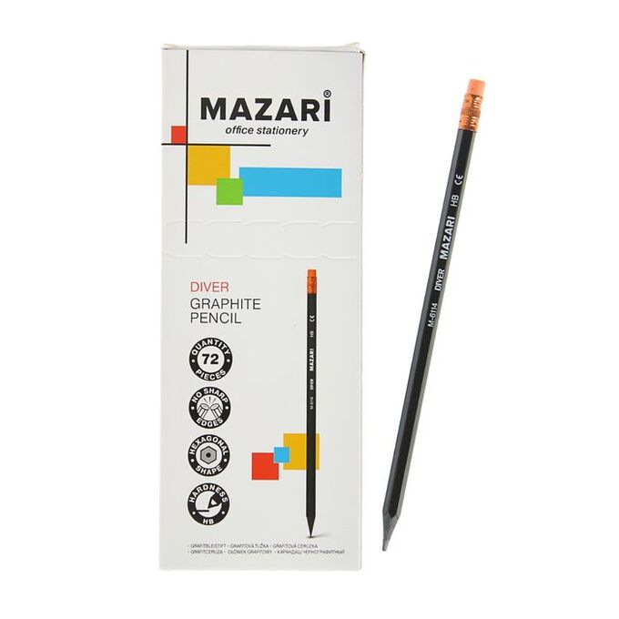 Карандаш чернографитный Mazari Diver, HB, пластиковый, с ластиком