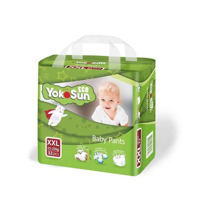 YokoSun детские подгузники-трусики ECO размер XXL (15-23кг.) 32 шт.(1/4)  5326
